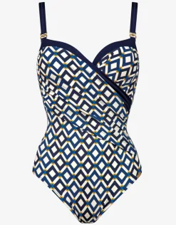 Charmline Seaside Dining Moulded Underwired Swimsuit - Navy Cream Fashion