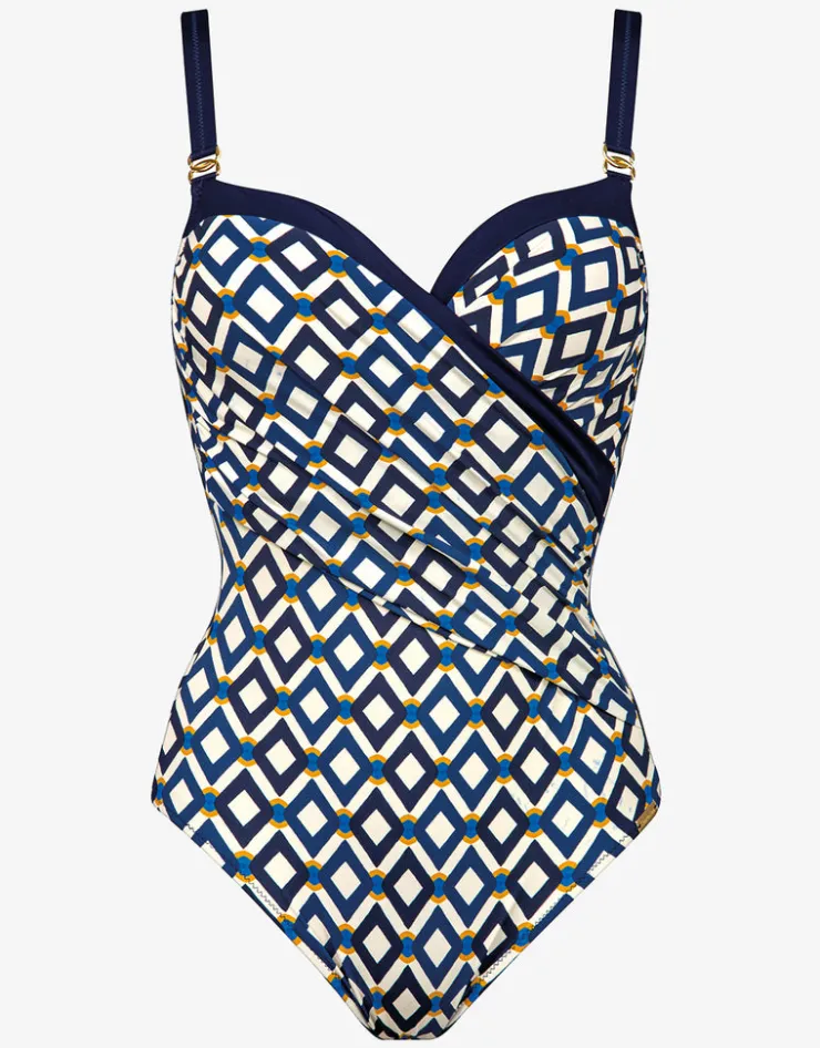 Charmline Seaside Dining Moulded Underwired Swimsuit - Navy Cream Fashion