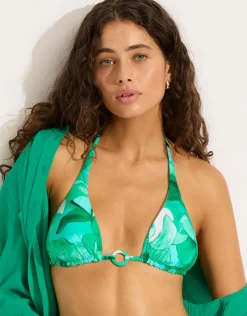 Seafolly Secret Garden Reversible Longline Slide Tri Bikini Top - Jade New