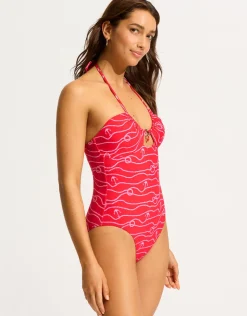Seafolly Set Sail Drawstring Halter Swimsuit - Chilli Red Outlet