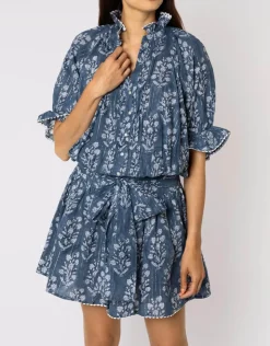 Juliet Dunn Small Flower Block Print Blouson Dress - Midnight Outlet