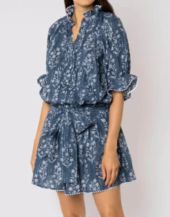Juliet Dunn Small Flower Block Print Blouson Dress - Midnight Outlet