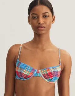 Polo Ralph Lauren Smocked Madras Underwired Balconette Bikini Top - Multi Sale
