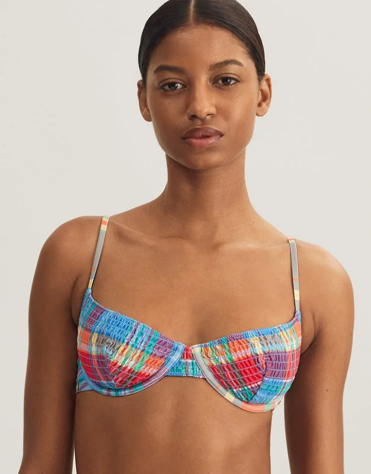 Polo Ralph Lauren Smocked Madras Underwired Balconette Bikini Top - Multi Sale