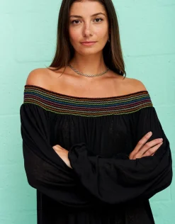 Pitusa Smocked Off the Shoulder Dress - Black Clearance