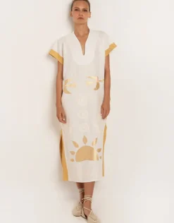 Greek Archaic Kori Sun Midi Kaftan - White and Yellow Online