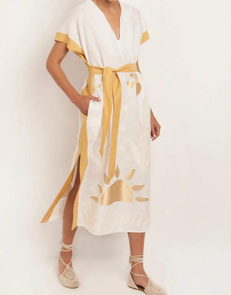 Greek Archaic Kori Sun Midi Kaftan - White and Yellow Online