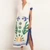 Greek Archaic Kori Sun Midi Kaftan - White Green and Blue Hot