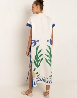 Greek Archaic Kori Sun Midi Kaftan - White Green and Blue Hot