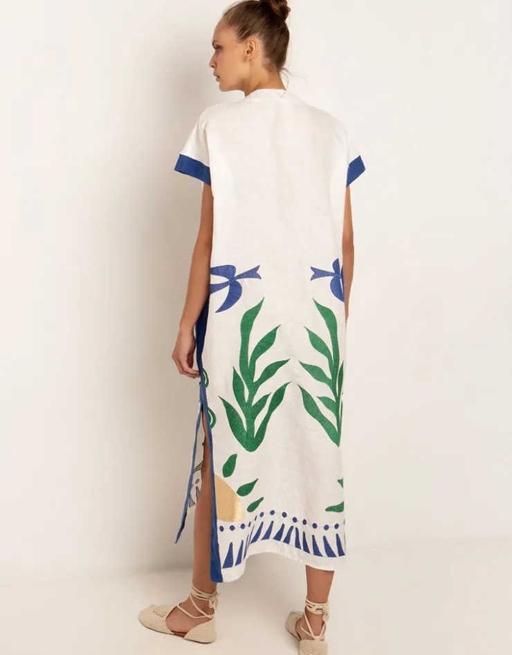Greek Archaic Kori Sun Midi Kaftan - White Green and Blue Hot