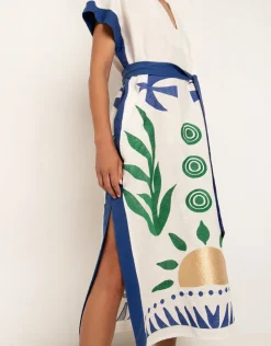 Greek Archaic Kori Sun Midi Kaftan - White Green and Blue Hot