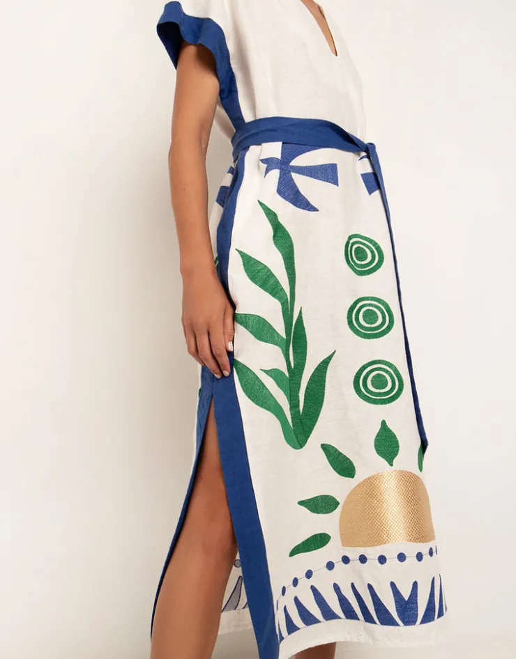 Greek Archaic Kori Sun Midi Kaftan - White Green and Blue Hot