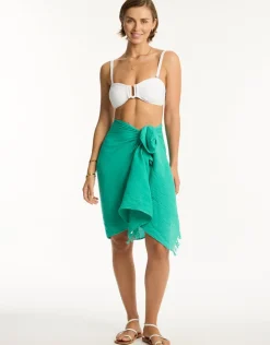 Sea Level Sunset Frayed Sarong - Sea Green Sale
