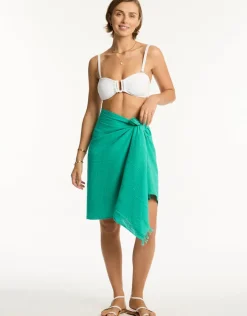 Sea Level Sunset Frayed Sarong - Sea Green Sale