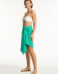 Sea Level Sunset Frayed Sarong - Sea Green Sale