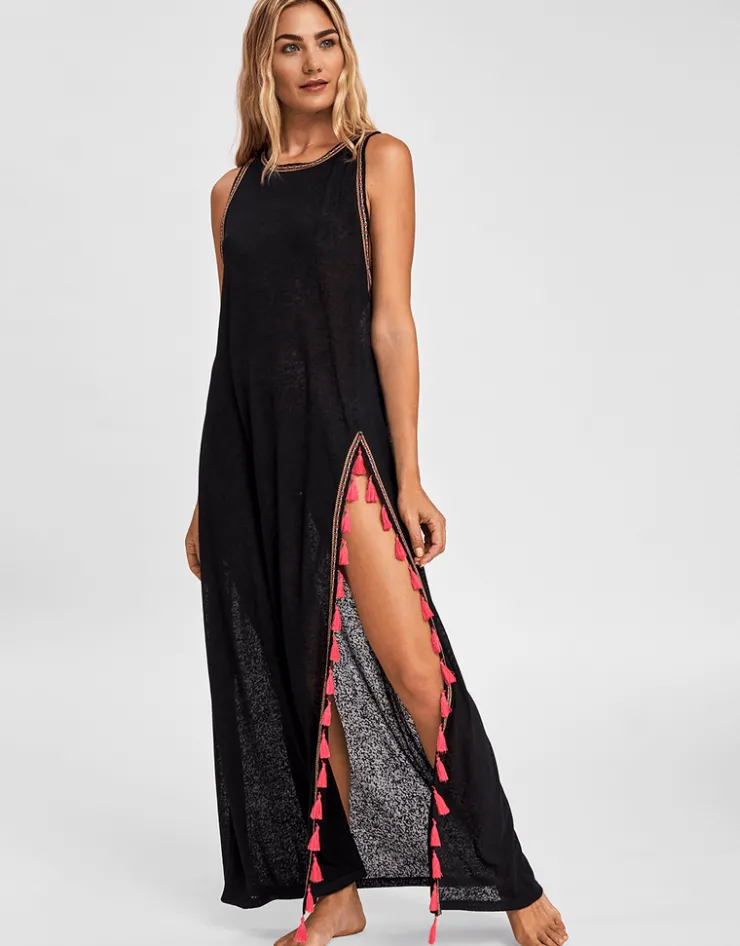 Pitusa Tassel Slit Dress - Black Clearance