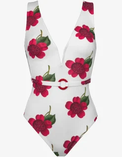 Maryan Mehlhorn The Bloom Belted Plunge Swimsuit - White Red Outlet