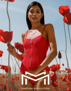 Maryan Mehlhorn The Bloom Zipped Bandeau Swimsuit - Radiant Red Discount