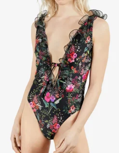 Ted Baker Tilulah Ruffle Plunge Swimsuit - Black Sale