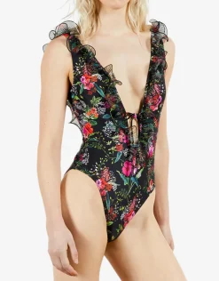 Ted Baker Tilulah Ruffle Plunge Swimsuit - Black Sale
