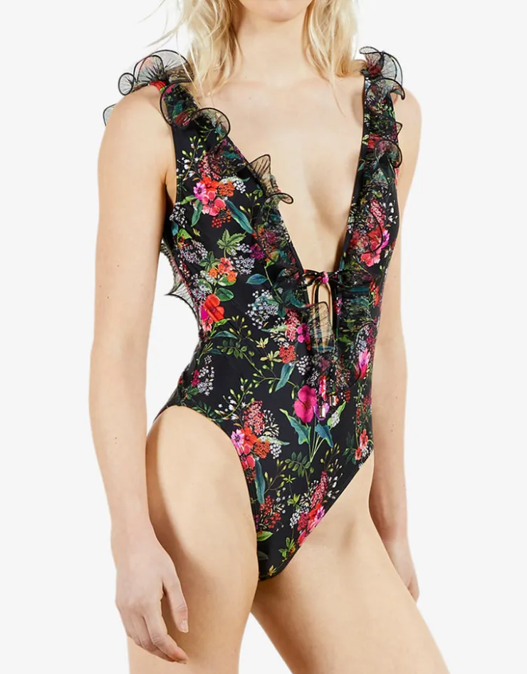 Ted Baker Tilulah Ruffle Plunge Swimsuit - Black Sale