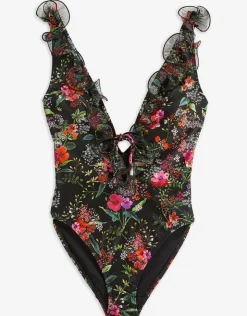 Ted Baker Tilulah Ruffle Plunge Swimsuit - Black Sale