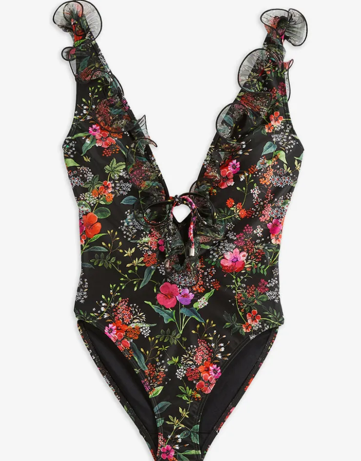Ted Baker Tilulah Ruffle Plunge Swimsuit - Black Sale