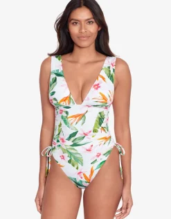 Lauren Ralph Lauren Watercolour Tropical Shirred Plunge Swimsuit - White Multi Online