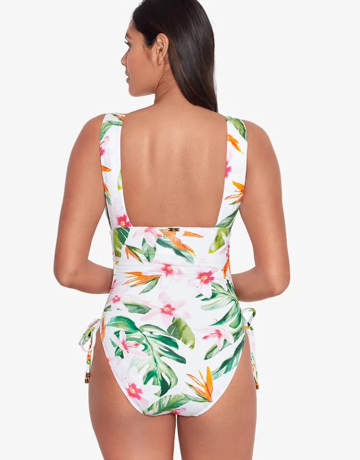 Lauren Ralph Lauren Watercolour Tropical Shirred Plunge Swimsuit - White Multi Online