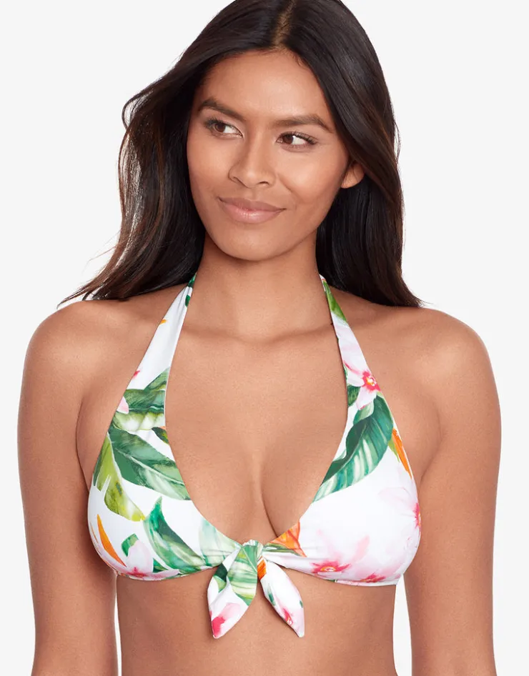 Lauren Ralph Lauren Watercolour Tropical Tie Front Halter Bikini Top - White Multi Outlet