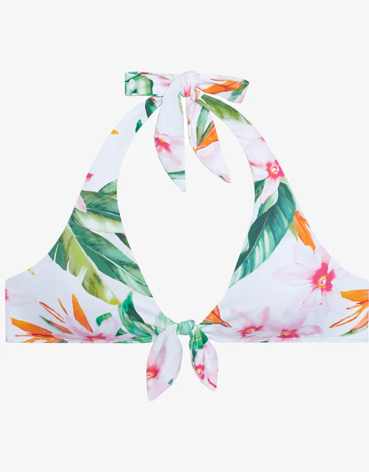 Lauren Ralph Lauren Watercolour Tropical Tie Front Halter Bikini Top - White Multi Outlet
